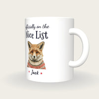 Personalised Christmas Jumper Fox Mug, On The Nice List, three-quarter view