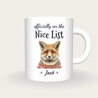 Personalised Christmas Jumper Fox Mug, On The Nice List, front