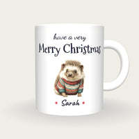 Personalised Christmas Jumper Hedgehog Mug, Merry Christmas, front