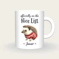Personalised Christmas Jumper Hedgehog Mug, On The Nice List, front