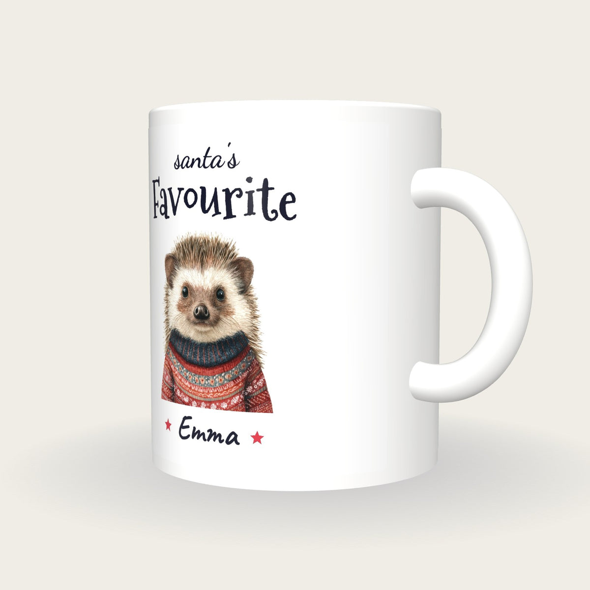 Personalised Christmas Jumper Hedgehog Mug, Santa's Favourite, three-quarter view