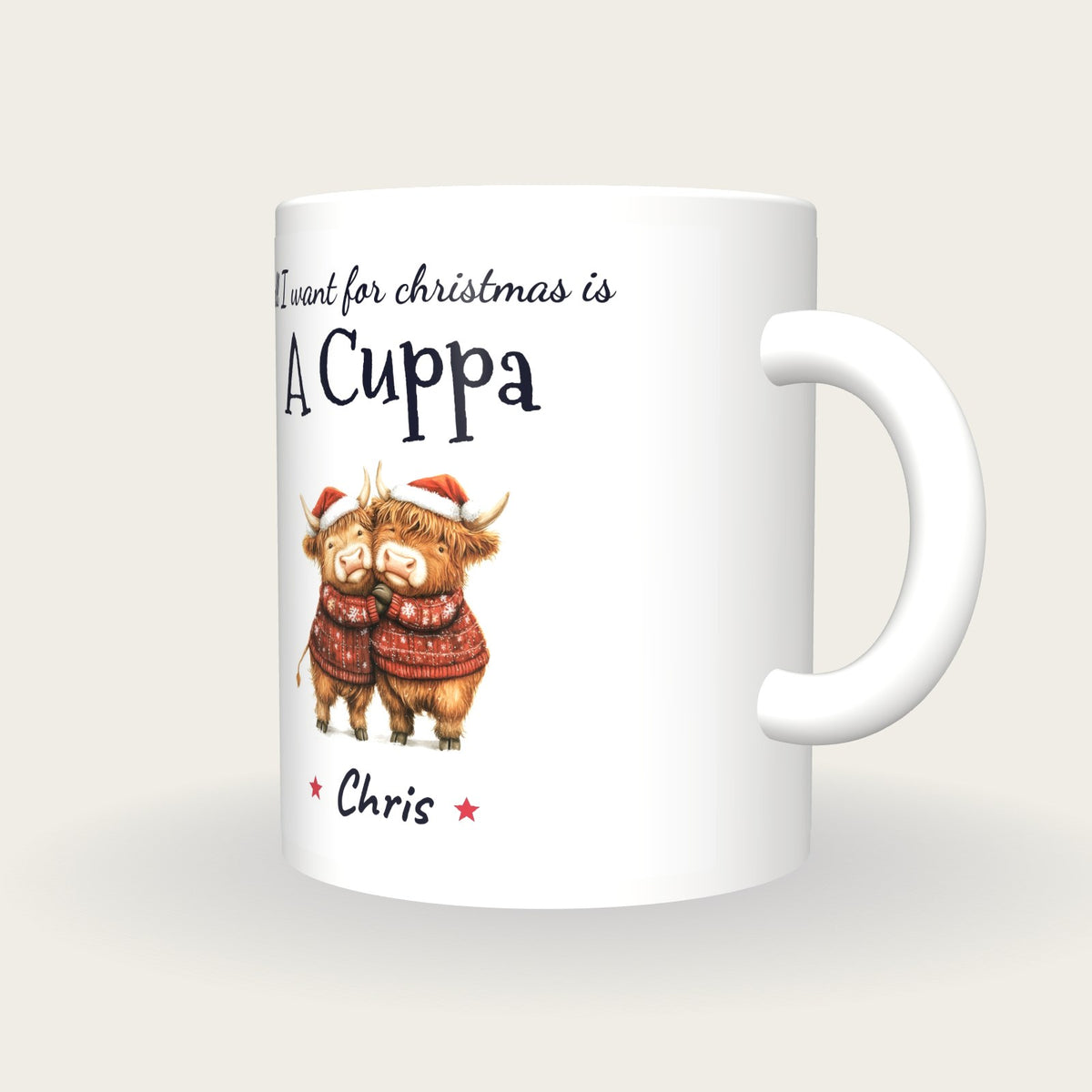 Personalised Hugging Highland Cows Mug, All I Want For Christmas Is A Cuppa, three-quarter view
