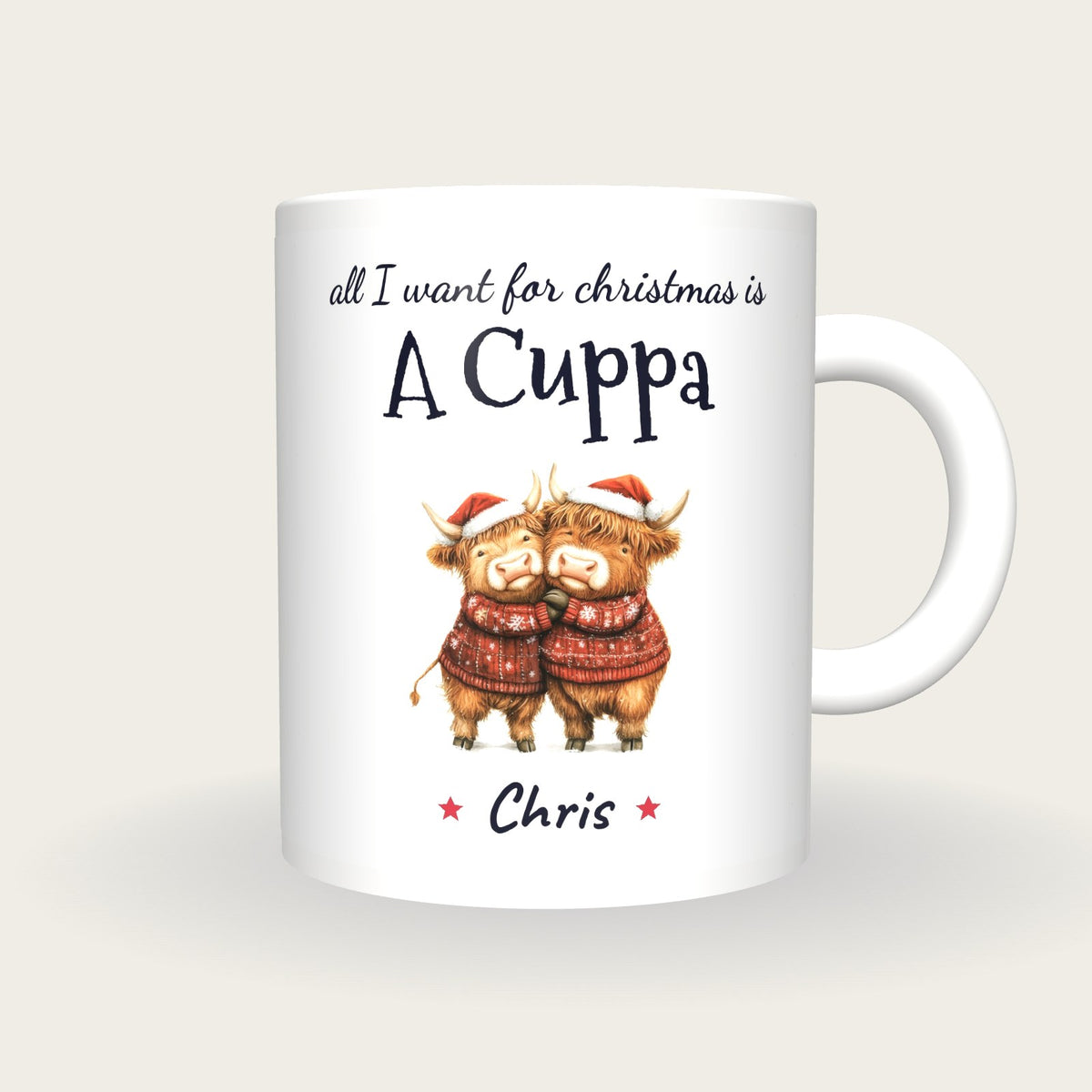 Personalised Hugging Highland Cows Mug, All I Want For Christmas Is A Cuppa, front