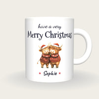 Personalised Hugging Highland Cows Mug, Merry Christmas, front