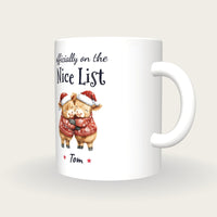 Personalised Hugging Highland Cows Mug, On The Nice List, three-quarter view