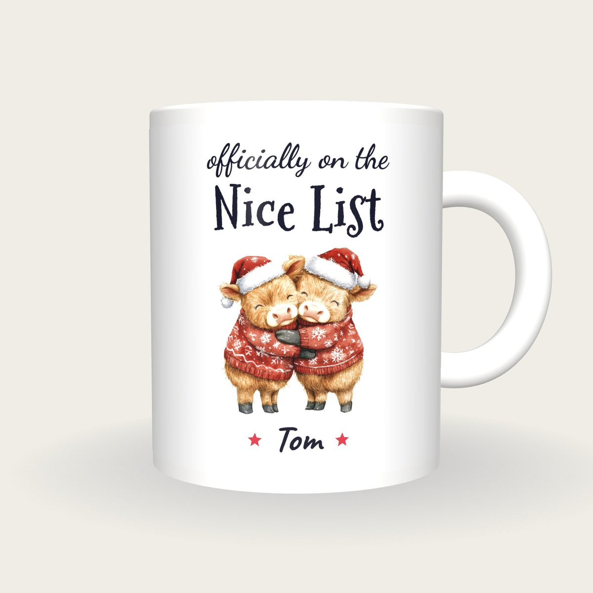 Personalised Hugging Highland Cows Mug, On The Nice List, front