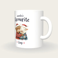 Personalised Hugging Highland Cows Mug, Santa's Favourite, three-quarter view