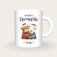 Personalised Hugging Highland Cows Mug, Santa's Favourite, front