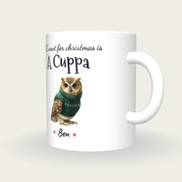 Personalised Christmas Jumper Owl Mug, All I Want For Christmas Is A Cuppa, three-quarter view