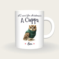 Personalised Christmas Jumper Owl Mug, All I Want For Christmas Is A Cuppa, front