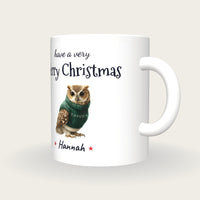 Personalised Christmas Jumper Owl Mug, Merry Christmas, three-quarter view