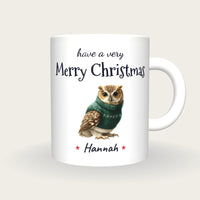 Personalised Christmas Jumper Owl Mug, Merry Christmas, front