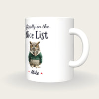 Personalised Christmas Jumper Owl Mug, On The Nice List, three-quarter view
