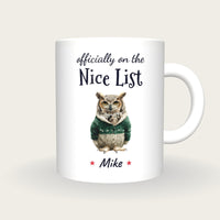 Personalised Christmas Jumper Owl Mug, On The Nice List, front
