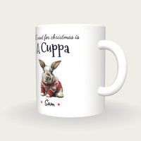 Personalised Christmas Jumper Rabbit Mug, All I Want For Christmas Is A Cuppa, three-quarter view
