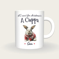 Personalised Christmas Jumper Rabbit Mug, All I Want For Christmas Is A Cuppa, front