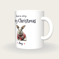 Personalised Christmas Jumper Rabbit Mug, Merry Christmas, three-quarter view
