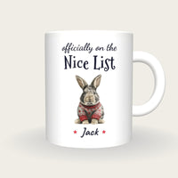 Personalised Christmas Jumper Rabbit Mug, On The Nice List, front