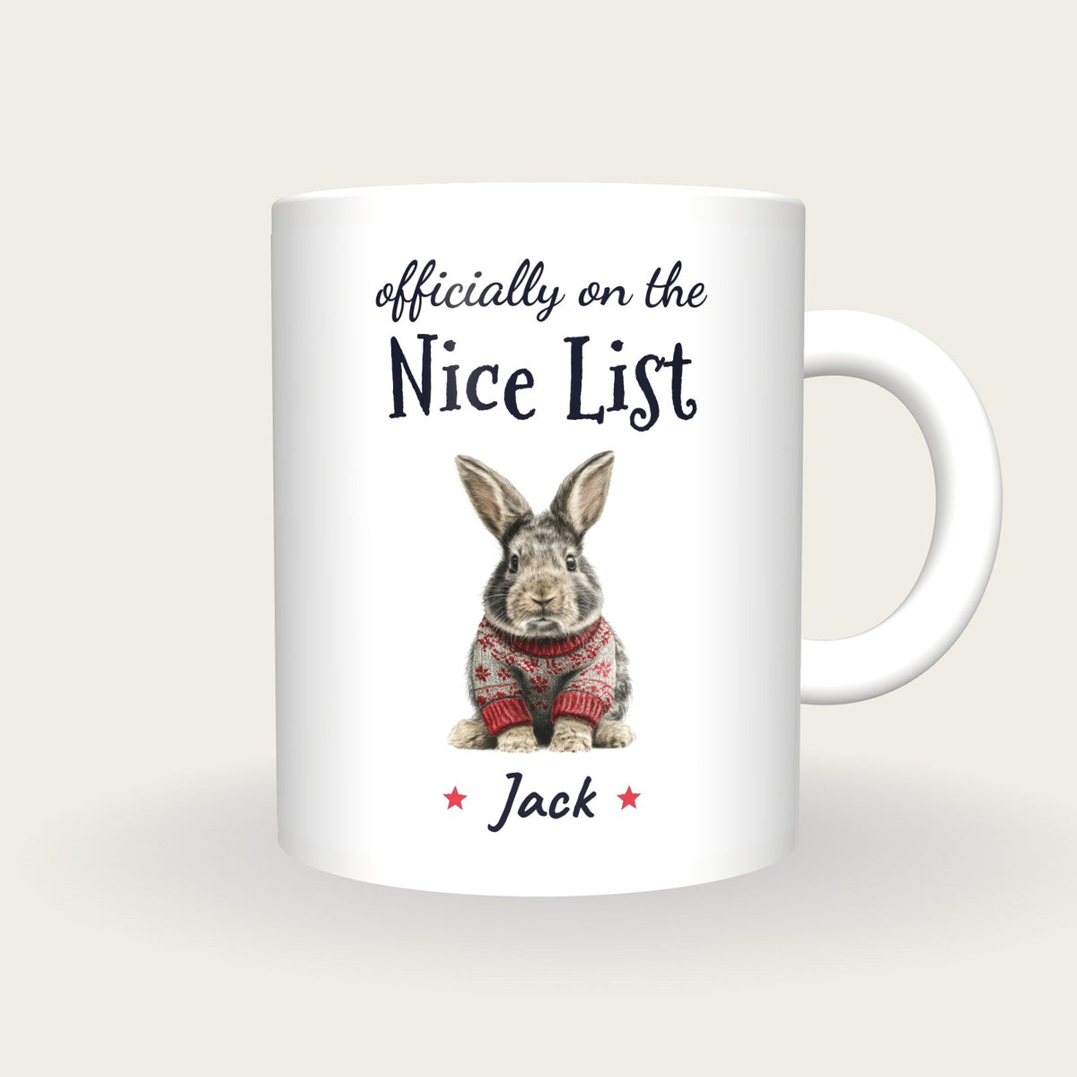 Personalised Christmas Jumper Rabbit Mug, On The Nice List, front