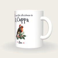 Personalised Christmas Robin Mug, All I Want For Christmas Is A Cuppa, three-quarter view