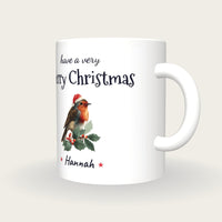 Personalised Christmas Robin Mug, Merry Christmas, three-quarter view