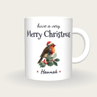 Personalised Christmas Robin Mug, Merry Christmas, front
