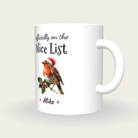 Personalised Christmas Robin Mug, On The Nice List, three-quarter view