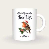 Personalised Christmas Robin Mug, On The Nice List, front