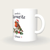 Personalised Christmas Robin Mug, Santa's Favourite, three-quarter view