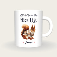 Personalised Christmas Jumper Squirrel Mug, On The Nice List, front