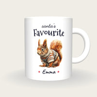 Personalised Christmas Jumper Squirrel Mug, Santa's Favourite, front