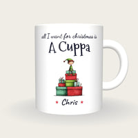 Personalised Christmas Elf Mug, All I Want For Christmas Is A Cuppa, front