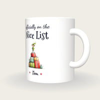 Personalised Christmas Elf Mug, On The Nice List, three-quarter view