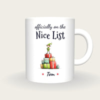 Personalised Christmas Elf Mug, On The Nice List, front