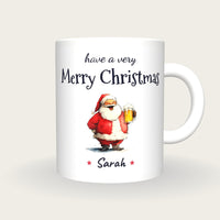 Personalised Santa With A Pint Mug, Merry Christmas, front