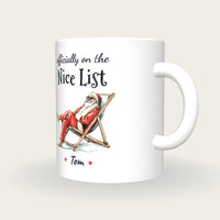 Personalised Lazy Santa Mug, On The Nice List, three-quarter view
