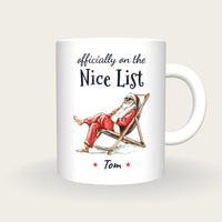 Personalised Lazy Santa Mug, On The Nice List, front