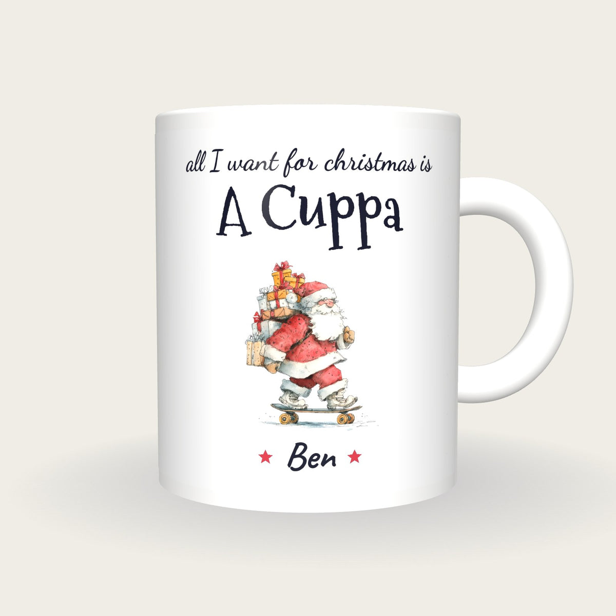 Personalised Skateboarding Santa Mug, All I Want For Christmas Is A Cuppa, front