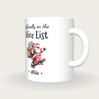 Personalised Skateboarding Santa Mug, On The Nice List, three-quarter view