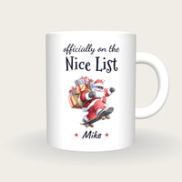 Personalised Skateboarding Santa Mug, On The Nice List, front