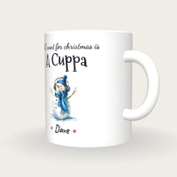 Personalised Snowman With Headphones Mug, All I Want For Christmas Is A Cuppa, three-quarter view