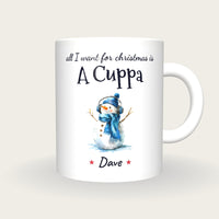 Personalised Snowman With Headphones Mug, All I Want For Christmas Is A Cuppa, front