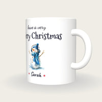 Personalised Snowman With Headphones Mug, Merry Christmas, three-quarter view