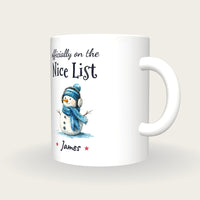 Personalised Snowman With Headphones Mug, On The Nice List, three-quarter view
