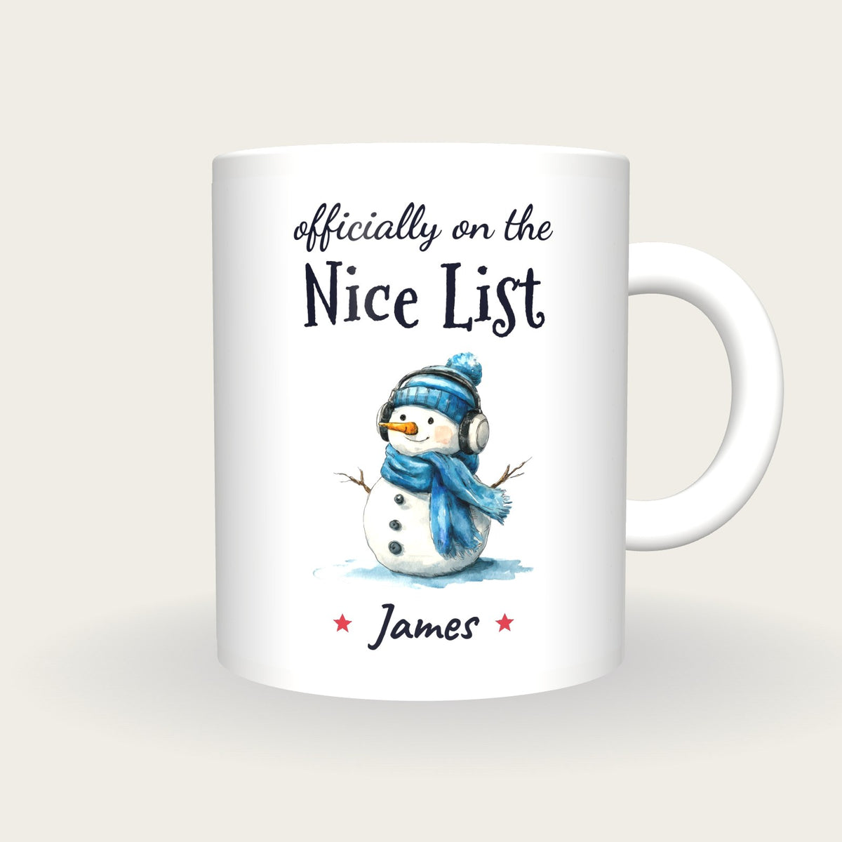 Personalised Snowman With Headphones Mug, On The Nice List, front