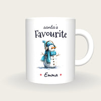 Personalised Snowman With Headphones Mug, Santa's Favourite, front