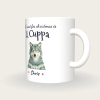 Personalised Christmas Jumper Wolf Mug, All I Want For Christmas Is A Cuppa, three-quarter view