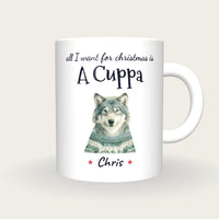 Personalised Christmas Jumper Wolf Mug, All I Want For Christmas Is A Cuppa, front