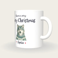 Personalised Christmas Jumper Wolf Mug, Merry Christmas, three-quarter view