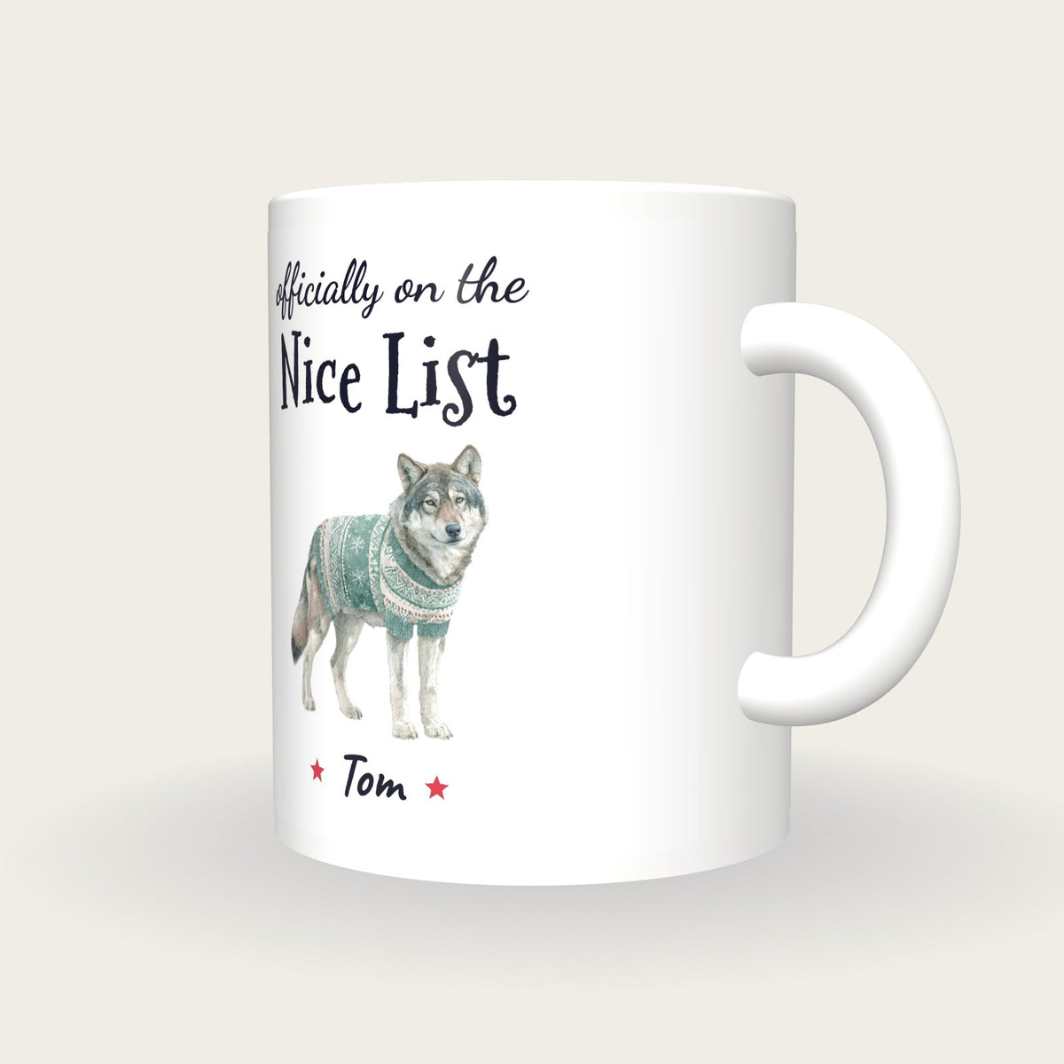 Personalised Christmas Jumper Wolf Mug, On The Nice List, three-quarter view